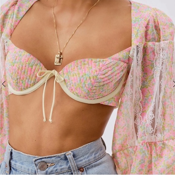 For Love And Lemons Other - For Love And Lemons Floral Lace Bra Top - Pink and Yellow